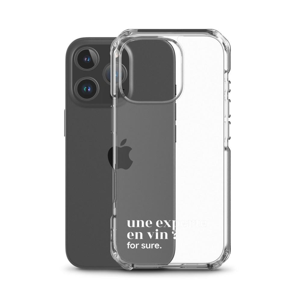 Coque iPhone 16 Pro, texte blanc, à côté du téléphone : « une experte en vin ? for sure. »