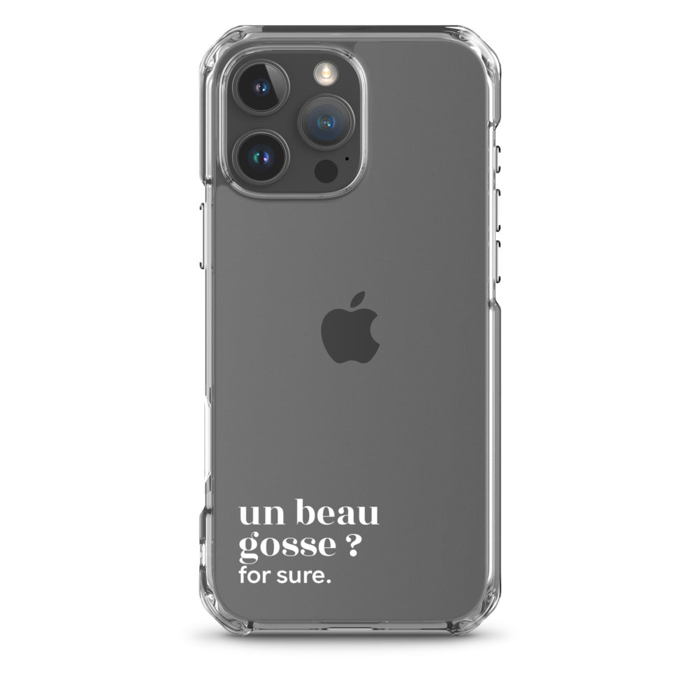 Coque iPhone 16 Pro Max, texte blanc : « un beau gosse ? for sure. »