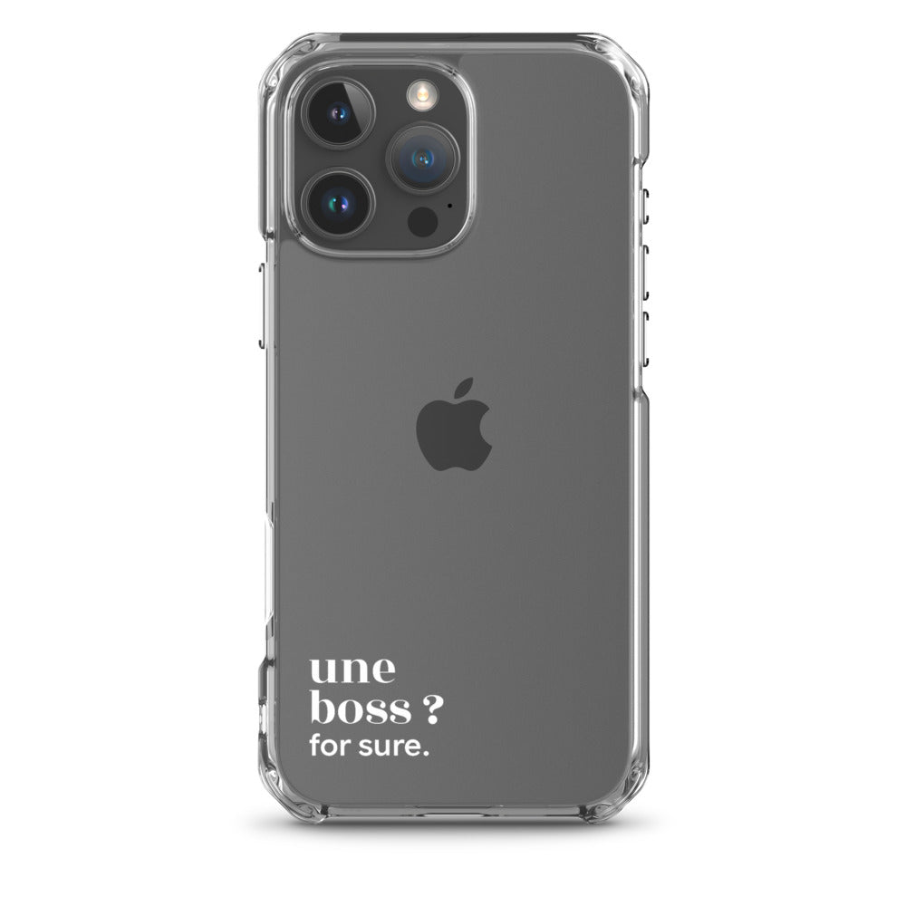 Coque iPhone 16 Pro Max, texte blanc : « une boss ? for sure. »