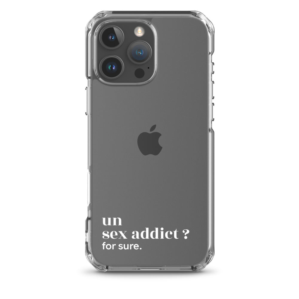 Coque iPhone 16 Pro Max, texte blanc : « un sex addict ? for sure. »