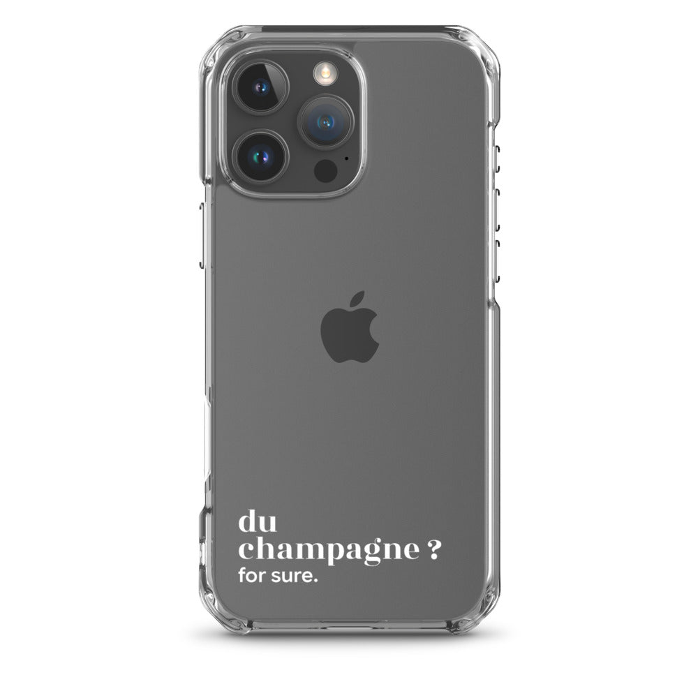 Coque iPhone 16 Pro Max, texte blanc : « du champagne ? for sure. »