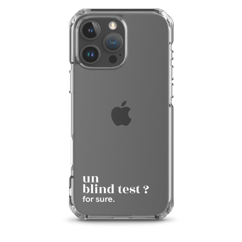 Coque iPhone 16 Pro Max, texte blanc : « un blind test ? for sure. »