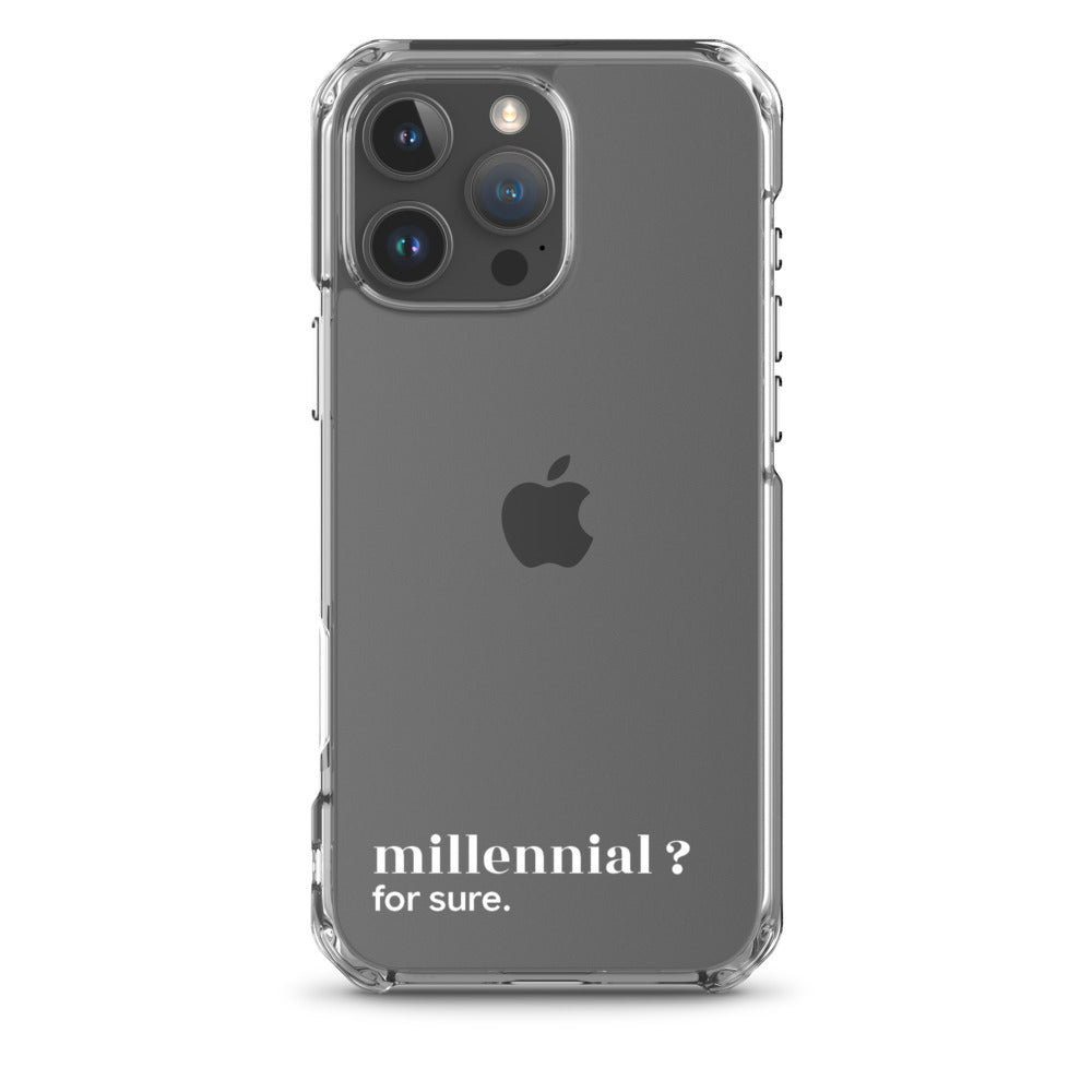 Coque iPhone 16 Pro Max, texte blanc : « millennial ? for sure. »