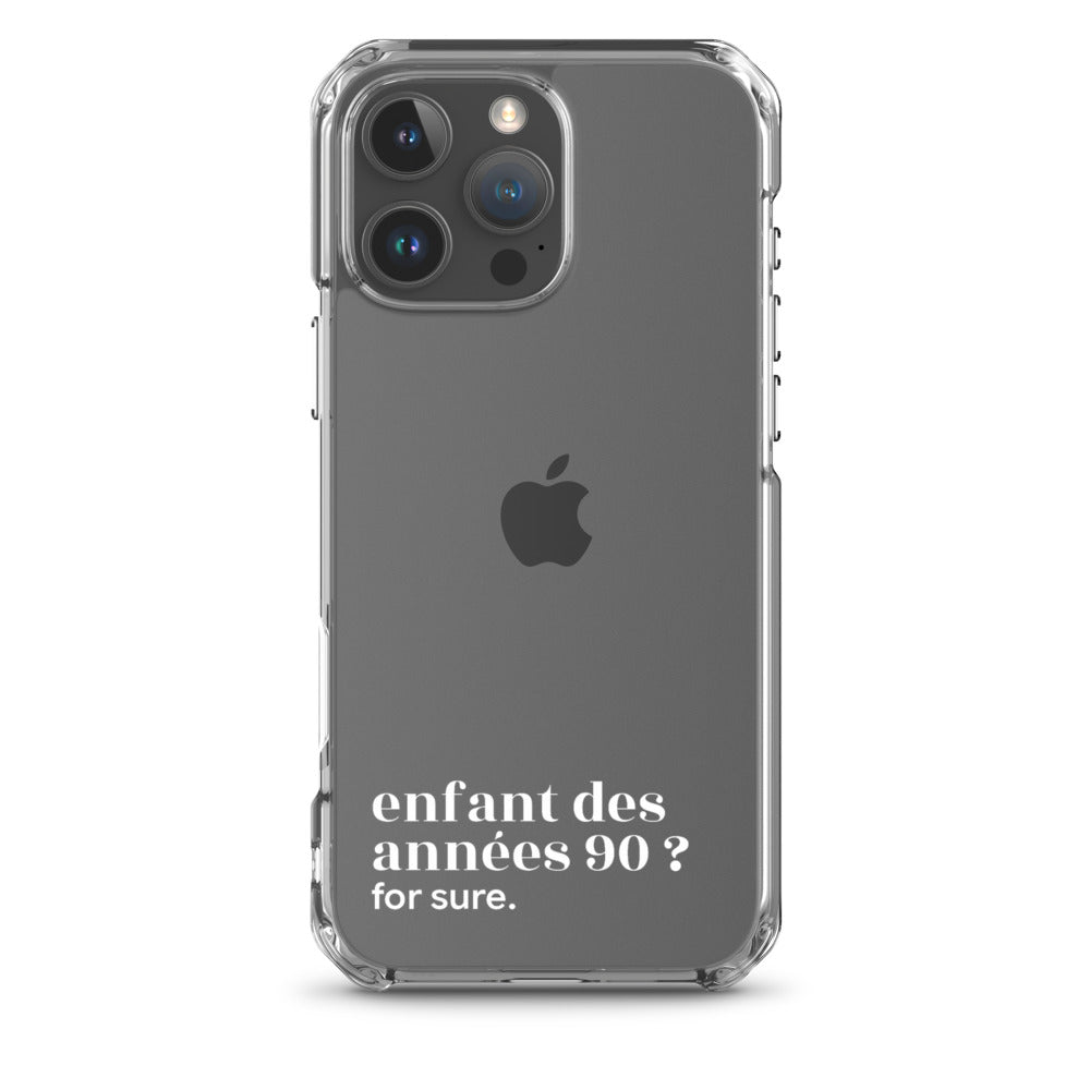 Coque iPhone 16 Pro Max, texte blanc : « enfant des années 90 ? for sure. »