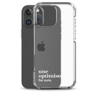 Coque iPhone 16 Pro Max, texte blanc, à côté du téléphone : « une optimiste ? for sure. »