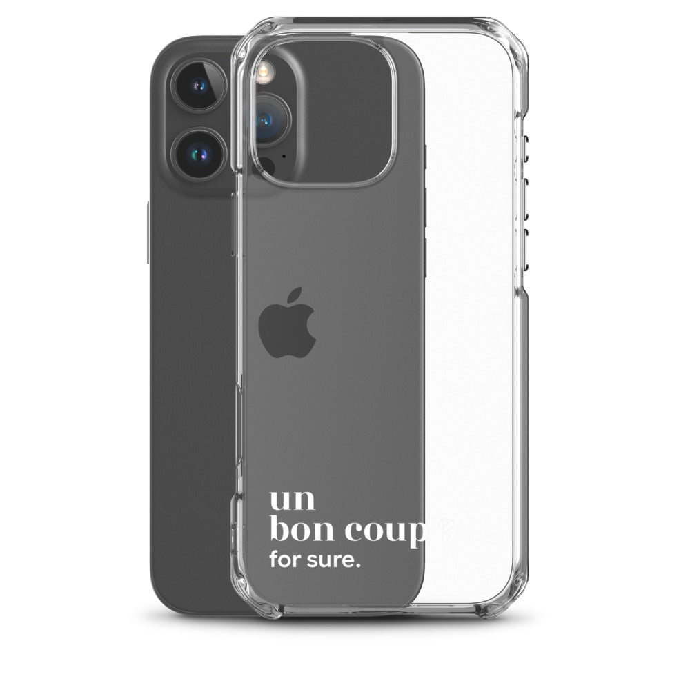 Coque iPhone 16 Pro Max, texte blanc, à côté du téléphone : « un bon coup ? for sure. »