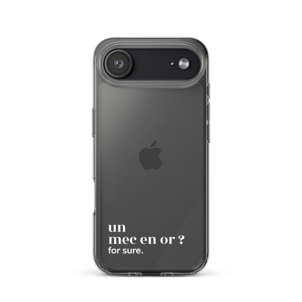Coque iPhone 17 Air, texte blanc : « un mec en or ? for sure. »