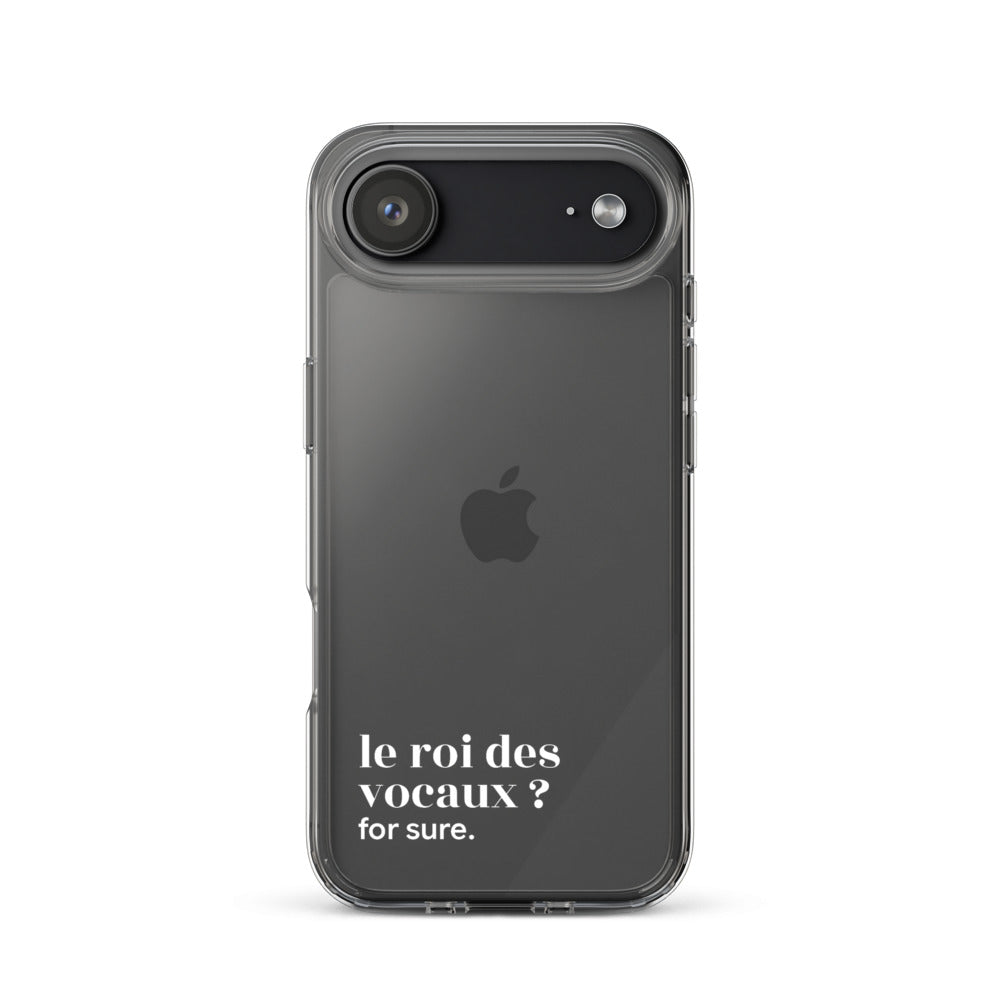 Coque iPhone 17 Air, texte blanc : « le roi des vocaux ? for sure. »