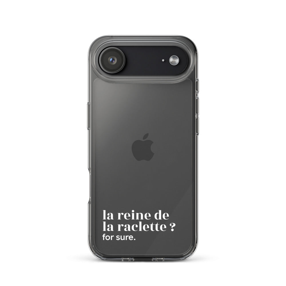 Coque iPhone 17 Air, texte blanc : « la reine de la raclette ? for sure. »