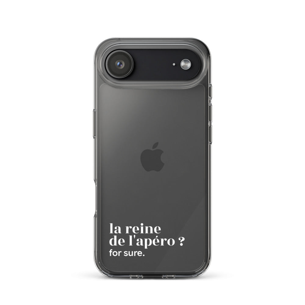Coque iPhone 17 Air, texte blanc : « la reine de l'apéro ? for sure. »