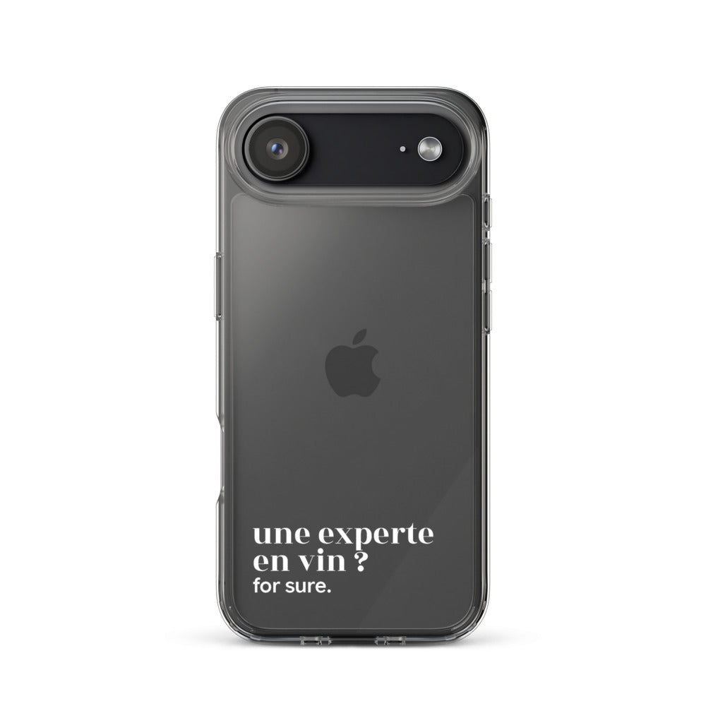 Coque iPhone 17 Air, texte blanc : « une experte en vin ? for sure. »