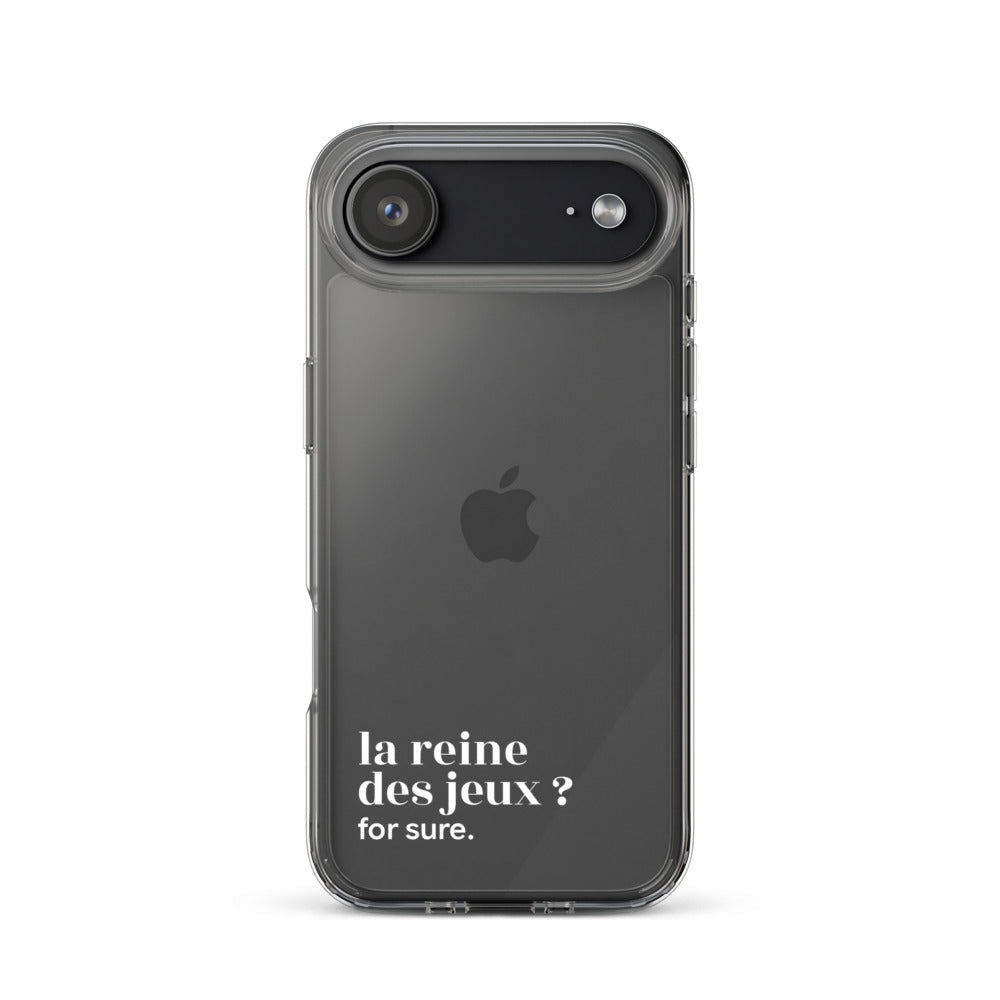 Coque iPhone 17 Air, texte blanc : « la reine des jeux ? for sure. »