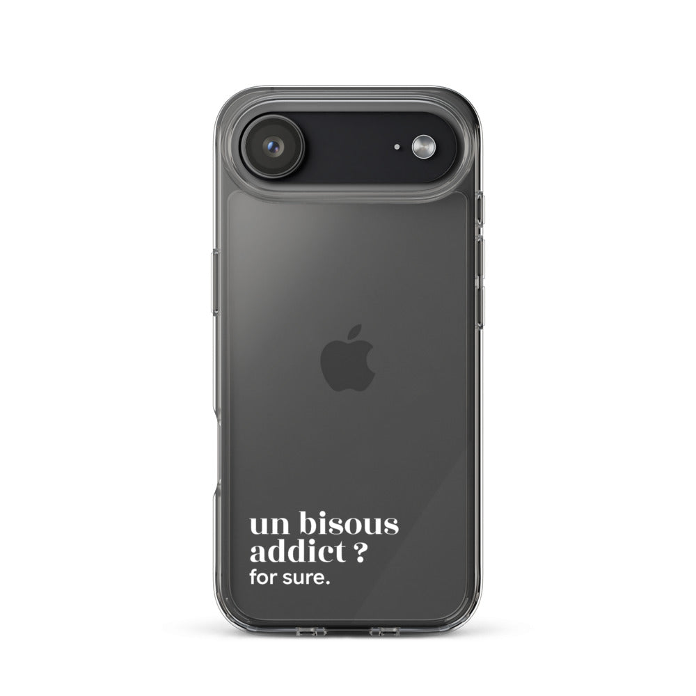Coque iPhone 17 Air, texte blanc : « un bisous addict ? for sure. »