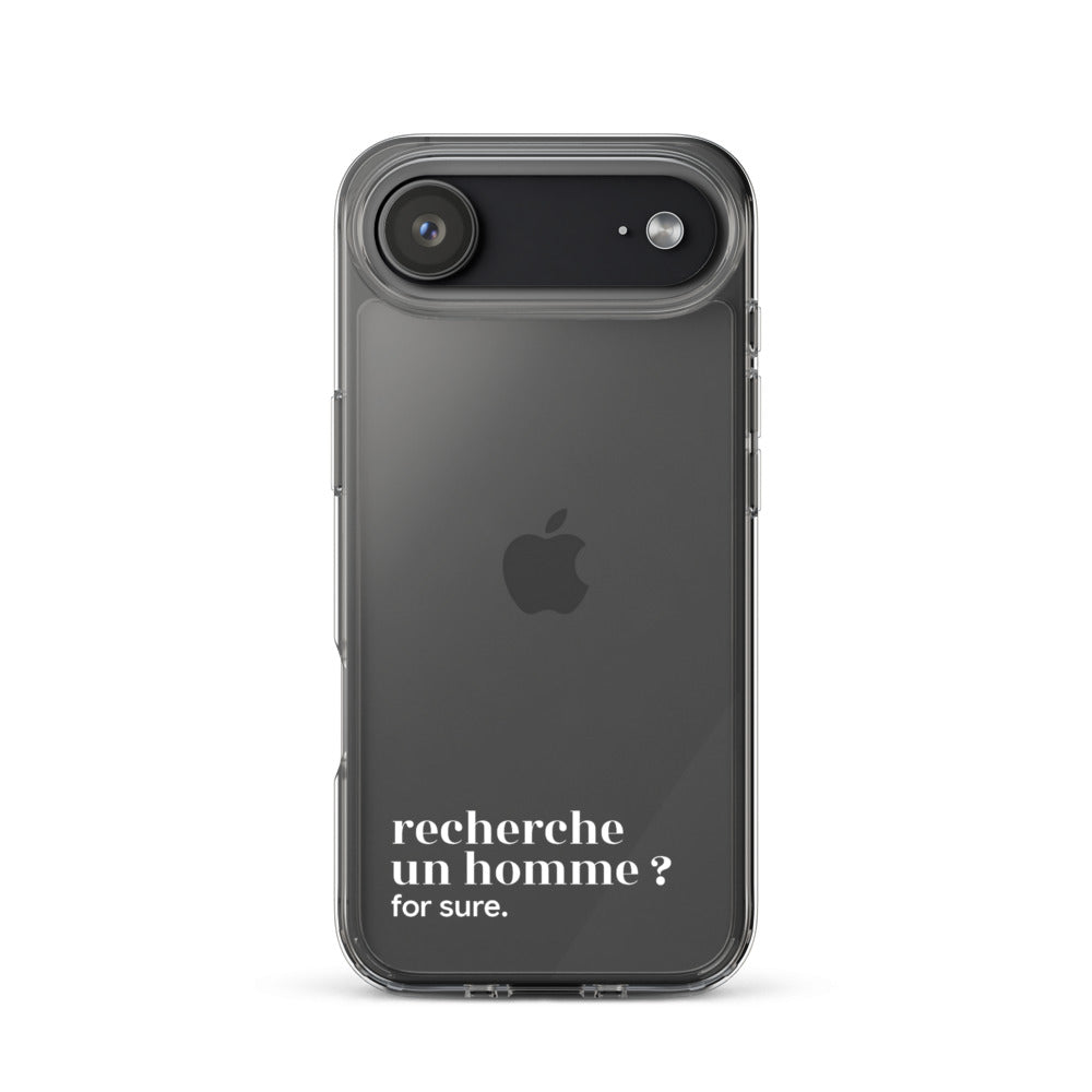 Coque iPhone 17 Air, texte blanc : « recherche un homme ? for sure. »