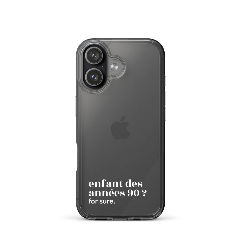 Coque iPhone 17, texte blanc : « enfant des années 90 ? for sure. »