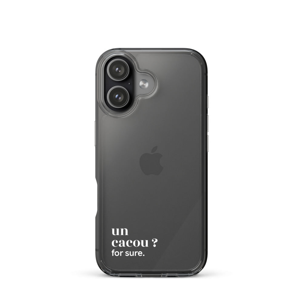 Coque iPhone 17, texte blanc : « un cacou ? for sure. »
