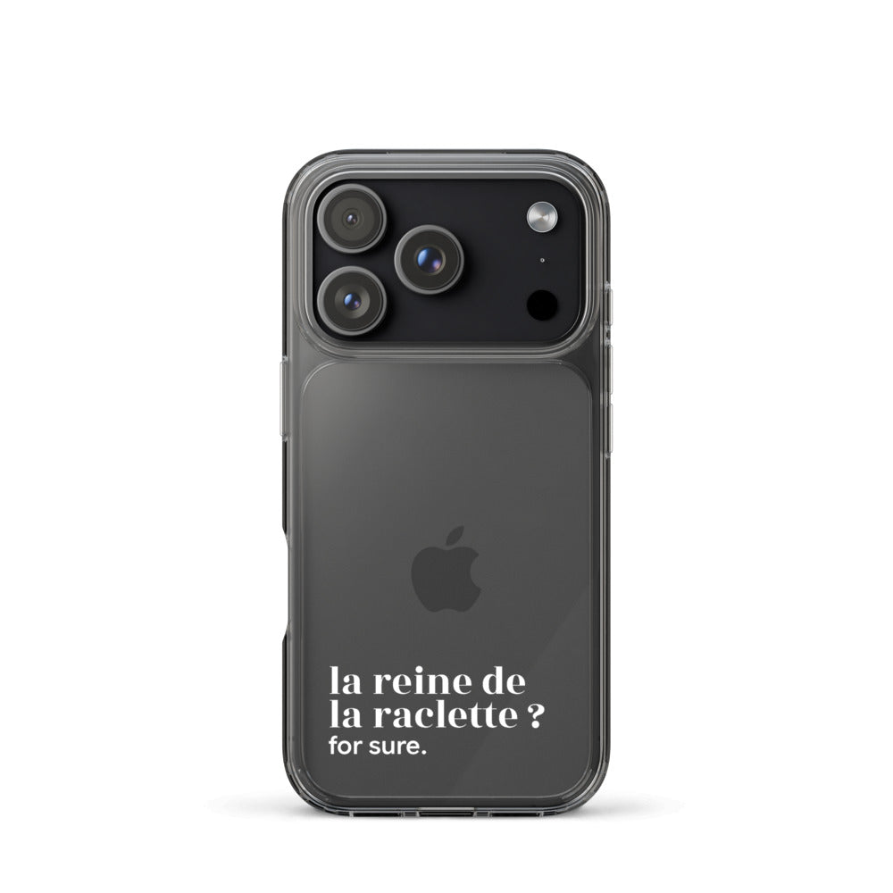 Coque iPhone 17 Pro, texte blanc : « la reine de la raclette ? for sure. »