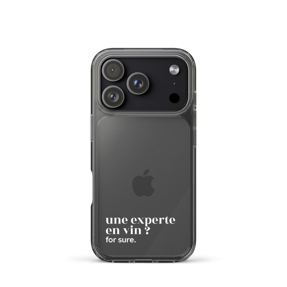 Coque iPhone 17 Pro, texte blanc : « une experte en vin ? for sure. »