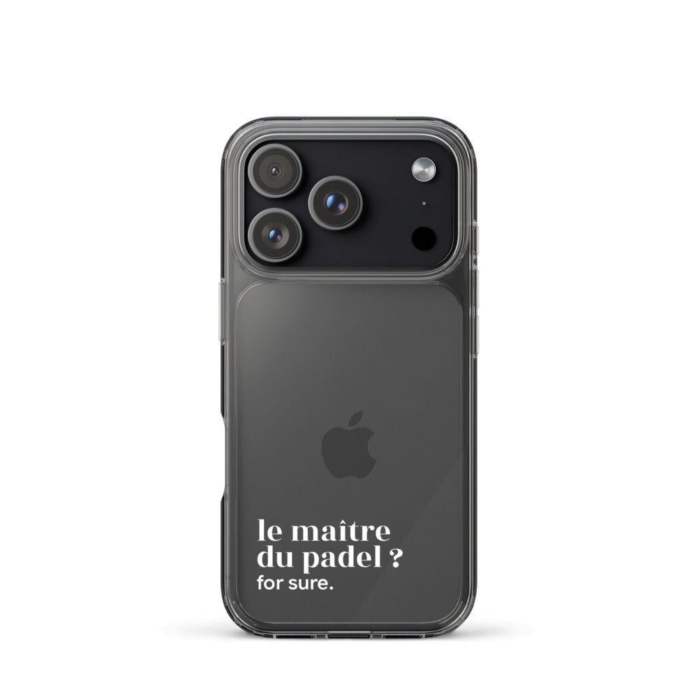 Coque iPhone 17 Pro, texte blanc : « le maître du padel ? for sure. »