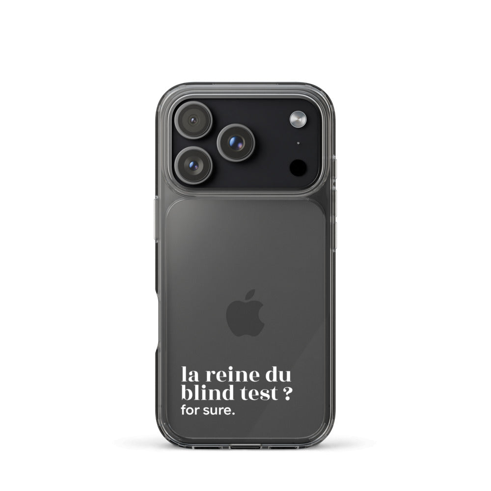 Coque iPhone 17 Pro, texte blanc : « la reine du blind test ? for sure. »