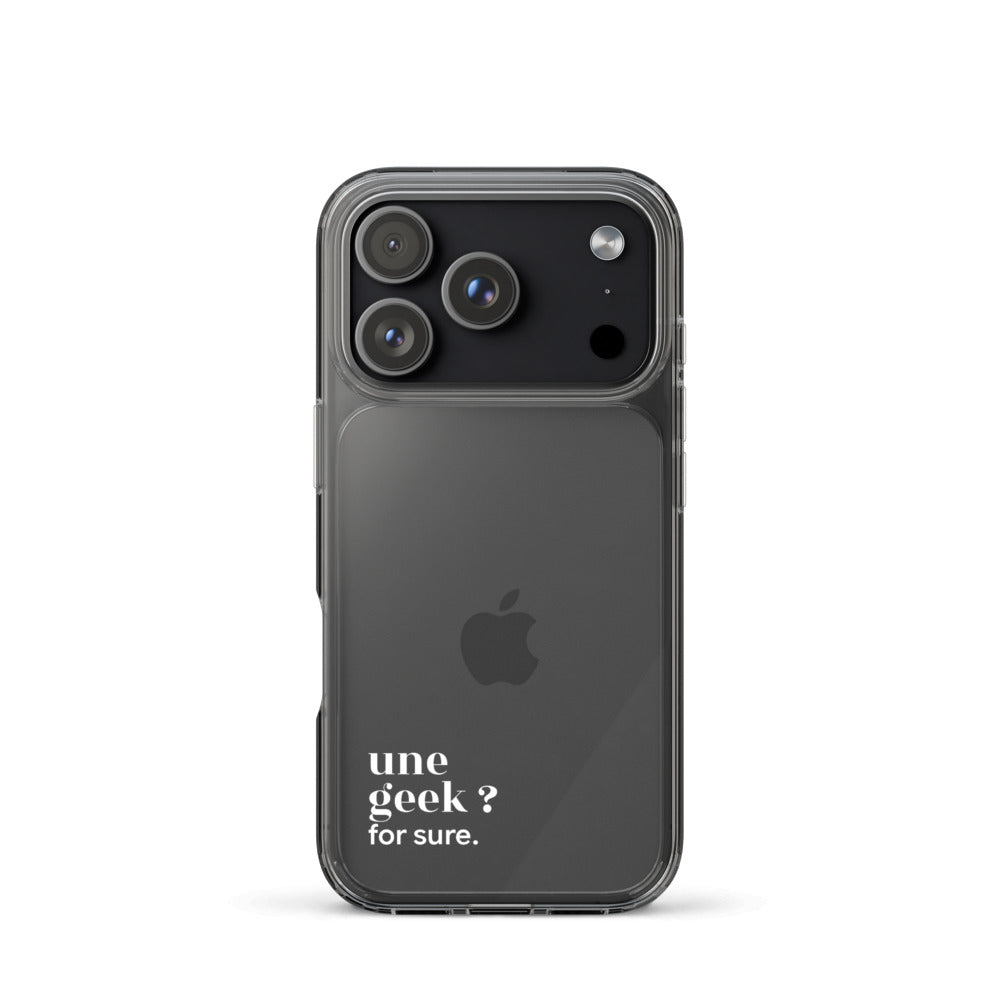 Coque iPhone 17 Pro, texte blanc : « une geek ? for sure. »