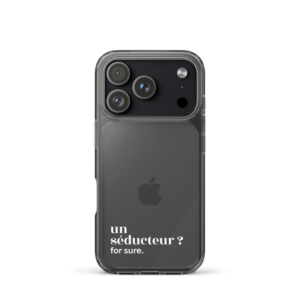 Coque iPhone 17 Pro, texte blanc : « un séducteur ? for sure. »