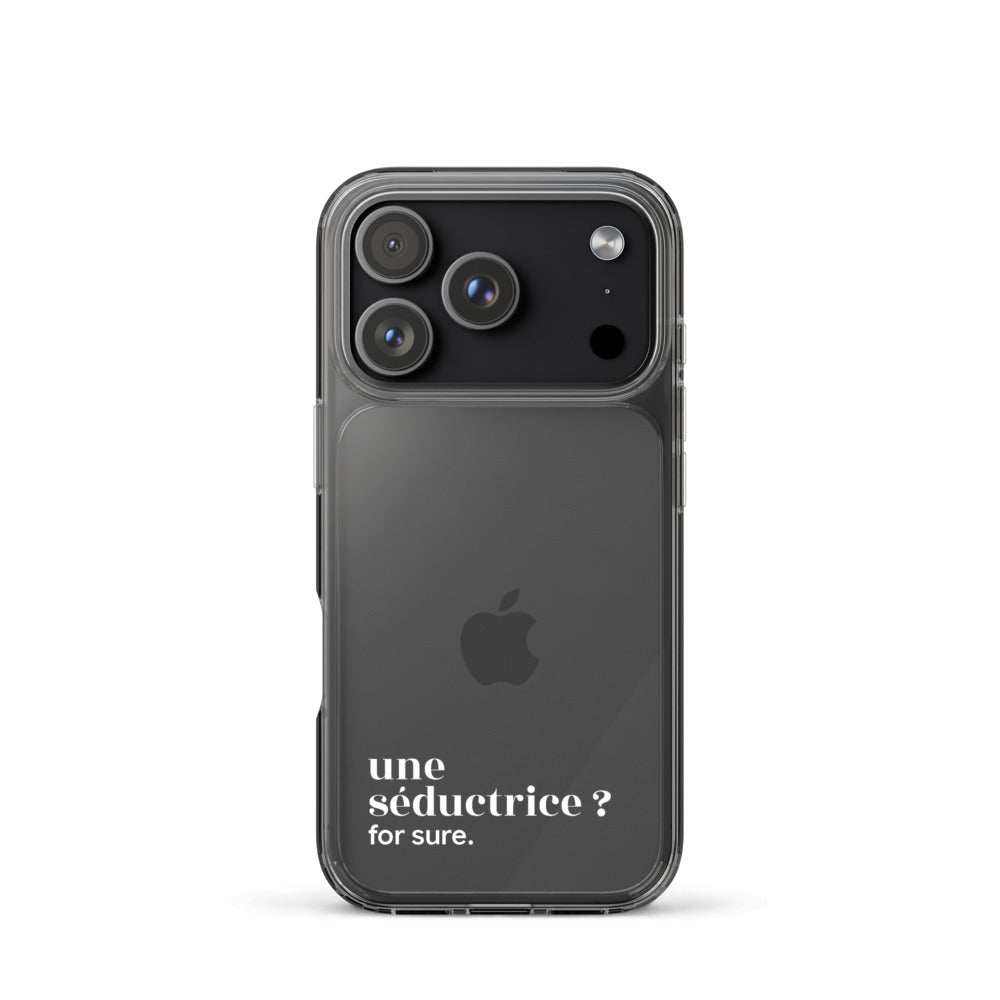 Coque iPhone 17 Pro, texte blanc : « une séductrice ? for sure. »