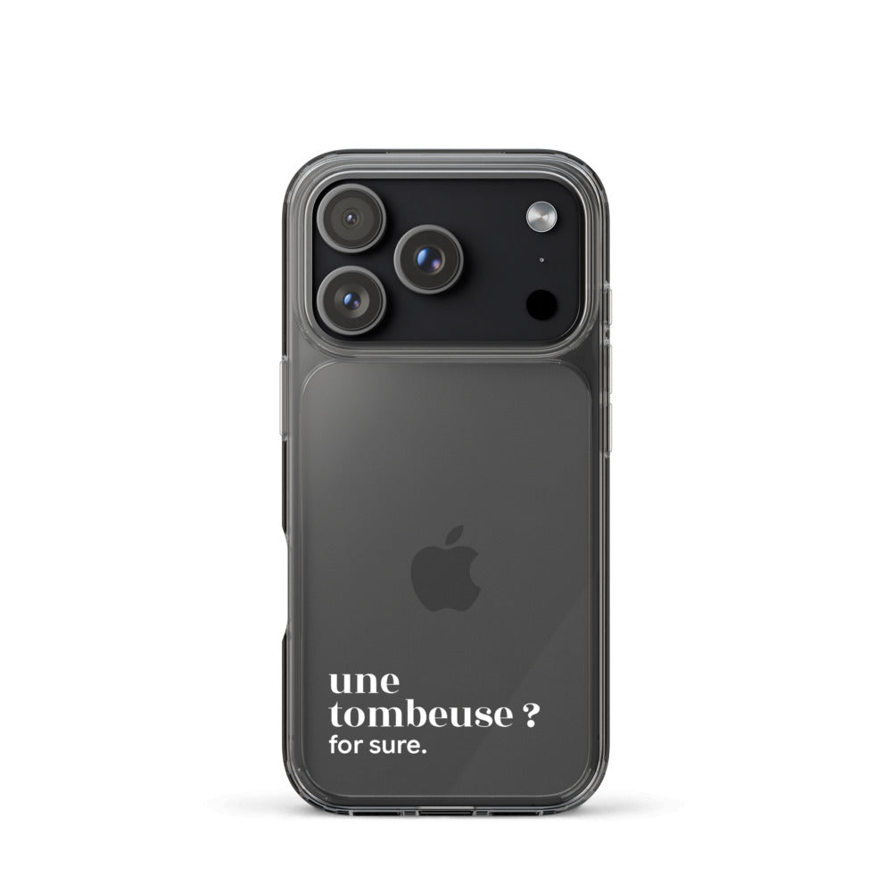 Coque iPhone 17 Pro, texte blanc : « une tombeuse ? for sure. »