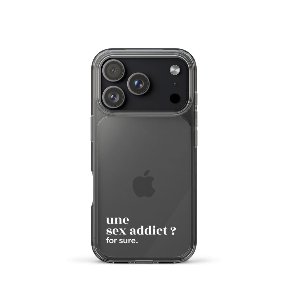 Coque iPhone 17 Pro, texte blanc : « une sex addict ? for sure. »