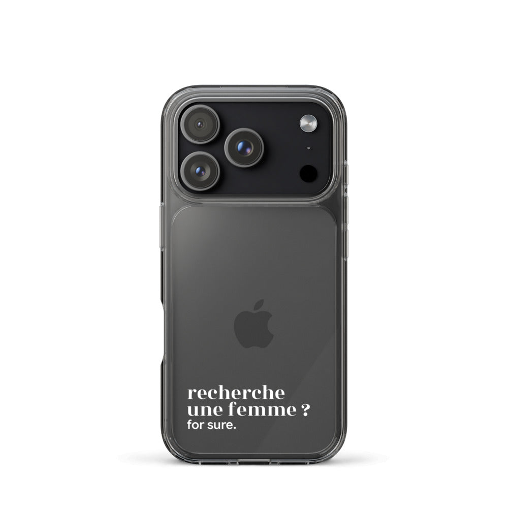 Coque iPhone 17 Pro, texte blanc : « recherche une femme ? for sure. »
