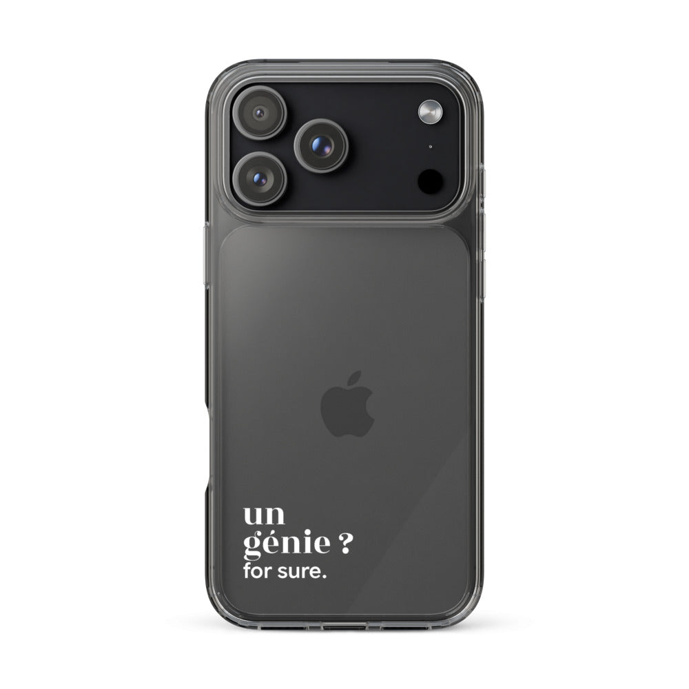 Coque iPhone 17 Pro Max, texte blanc : « un génie ? for sure. »