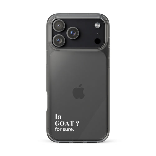 Coque iPhone 17 Pro Max, texte blanc : « la GOAT ? for sure. »