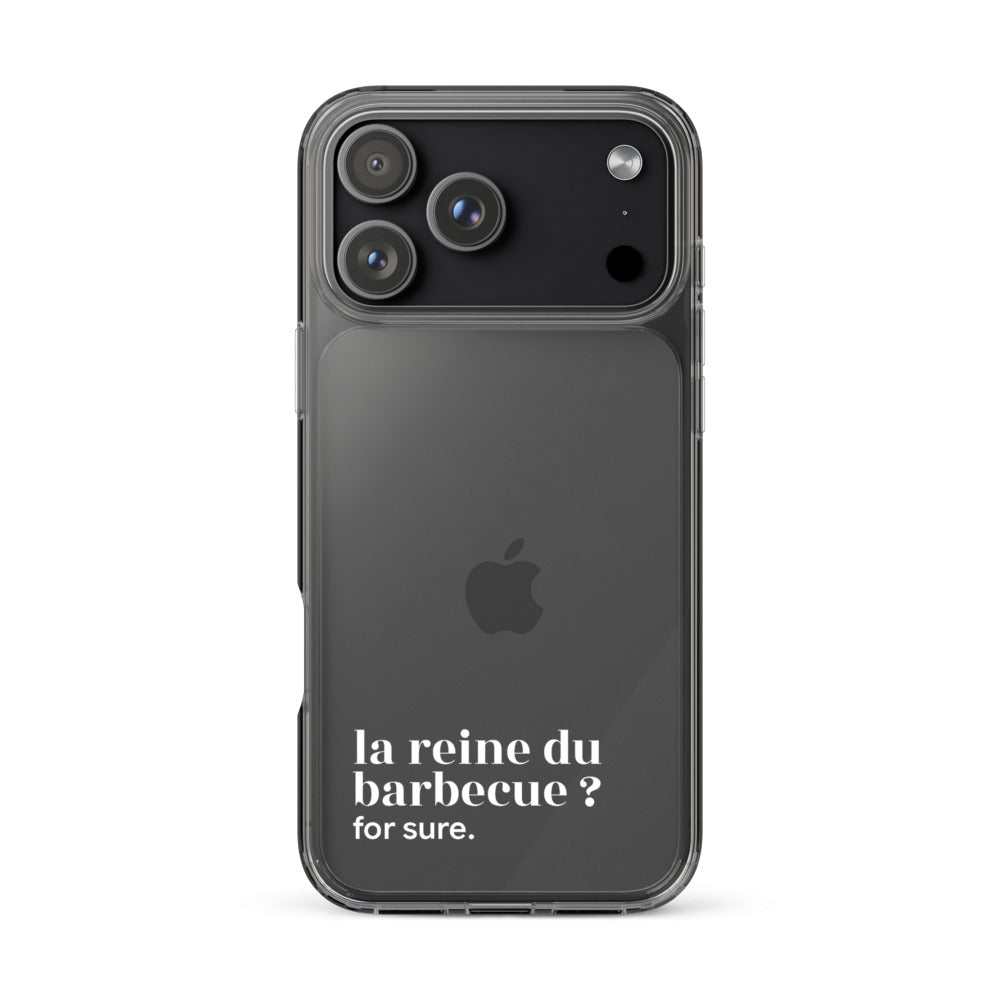 Coque iPhone 17 Pro Max, texte blanc : « la reine du barbecue ? for sure. »
