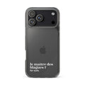 Coque iPhone 17 Pro Max, texte blanc : « le maître des blagues ? for sure. »