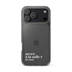 Coque iPhone 17 Pro Max, texte blanc : « accro à la salle ? for sure. »
