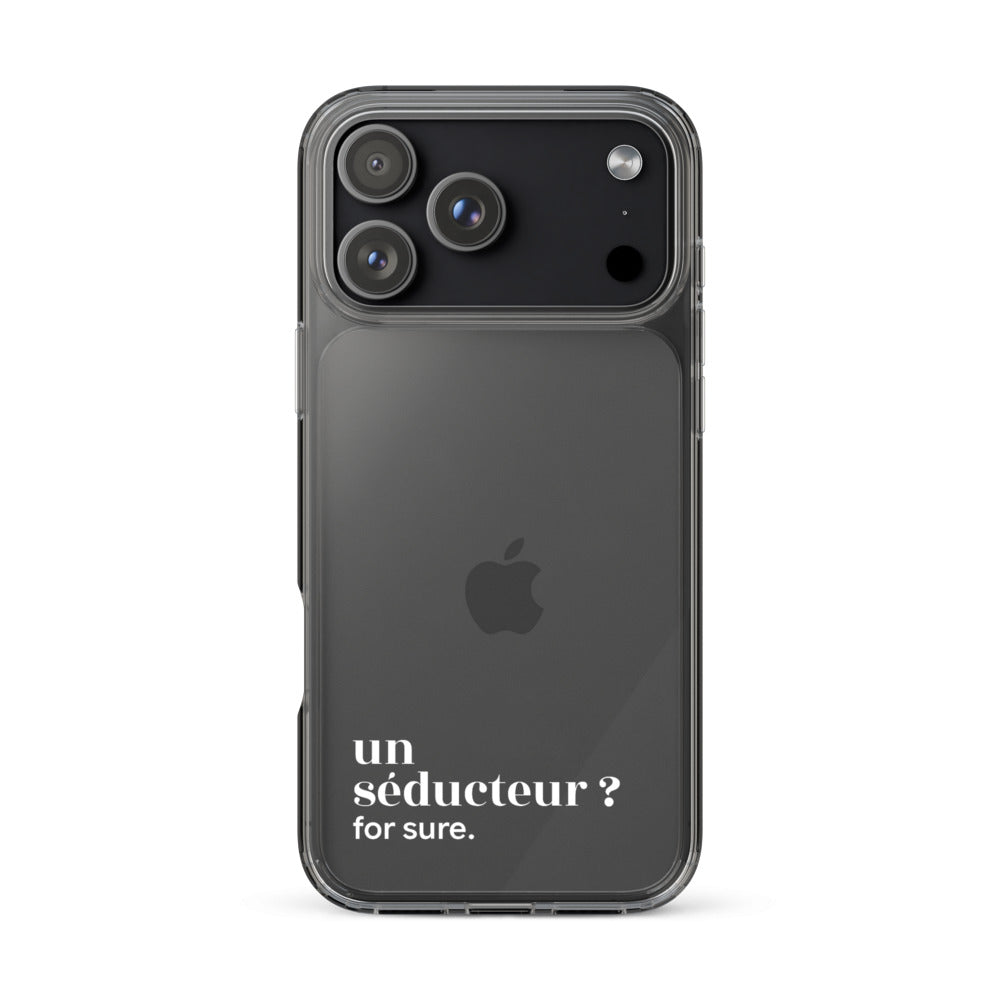Coque iPhone 17 Pro Max, texte blanc : « un séducteur ? for sure. »
