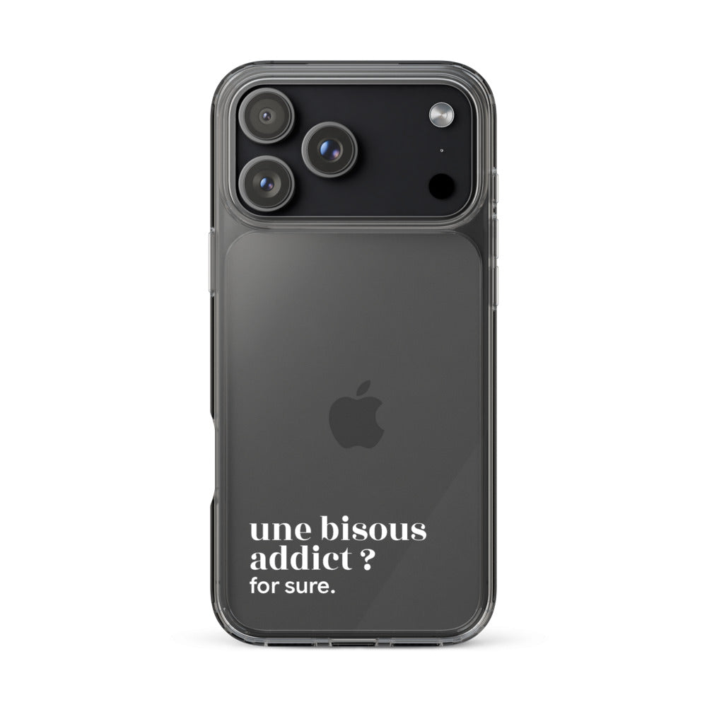 Coque iPhone 17 Pro Max, texte blanc : « une bisous addict ? for sure. »
