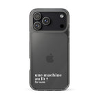 Coque iPhone 17 Pro Max, texte blanc : « une machine au lit ? for sure. »