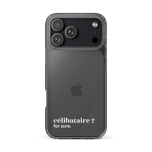 Coque iPhone 17 Pro Max, texte blanc : « célibataire ? for sure. »