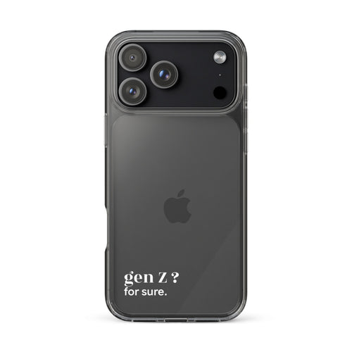 Coque iPhone 17 Pro Max, texte blanc : « gen Z ? for sure. »