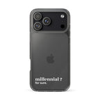 Coque iPhone 17 Pro Max, texte blanc : « millennial ? for sure. »