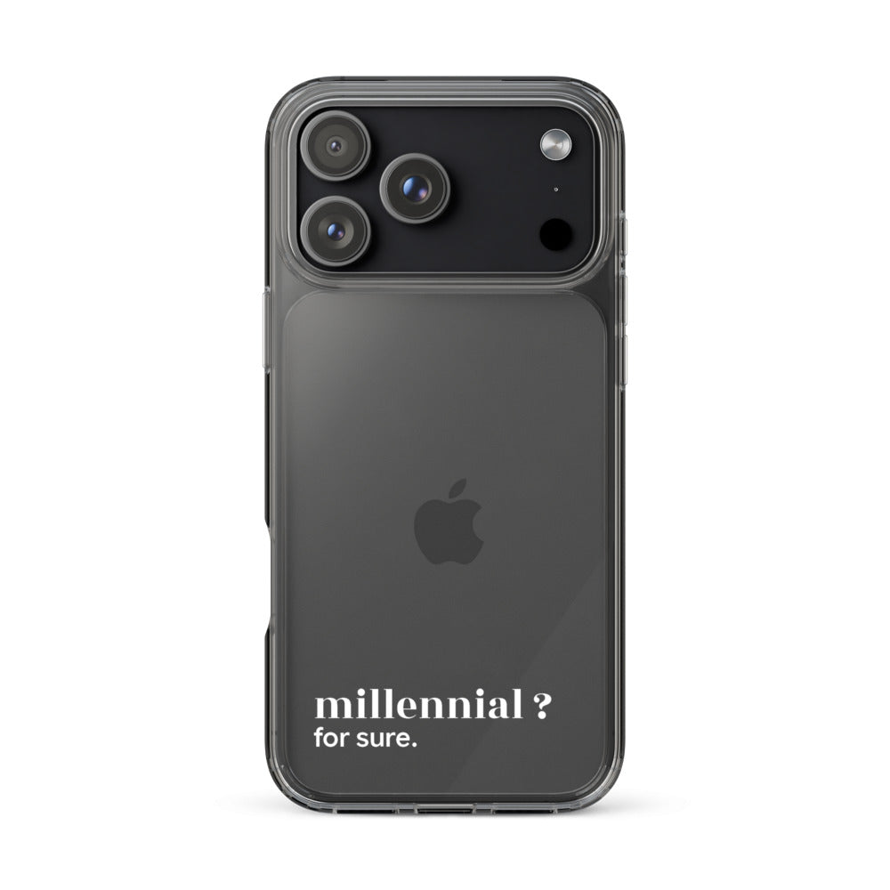 Coque iPhone 17 Pro Max, texte blanc : « millennial ? for sure. »