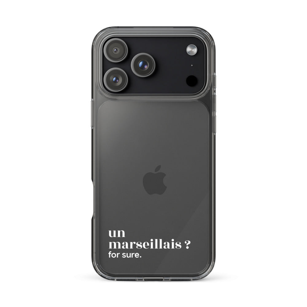 Coque iPhone 17 Pro Max, texte blanc : « un marseillais ? for sure. »