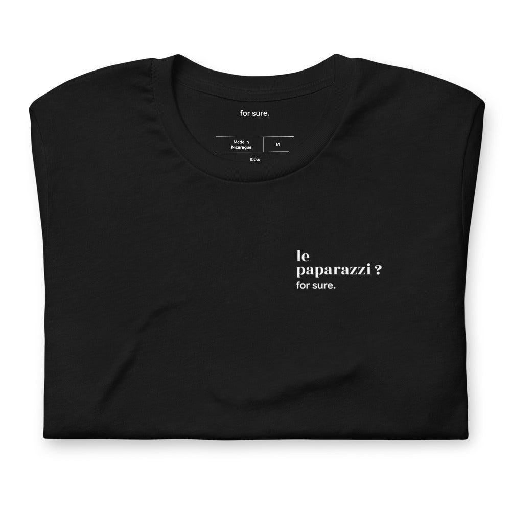 T-shirt noir « le paparazzi ? for sure. », plié