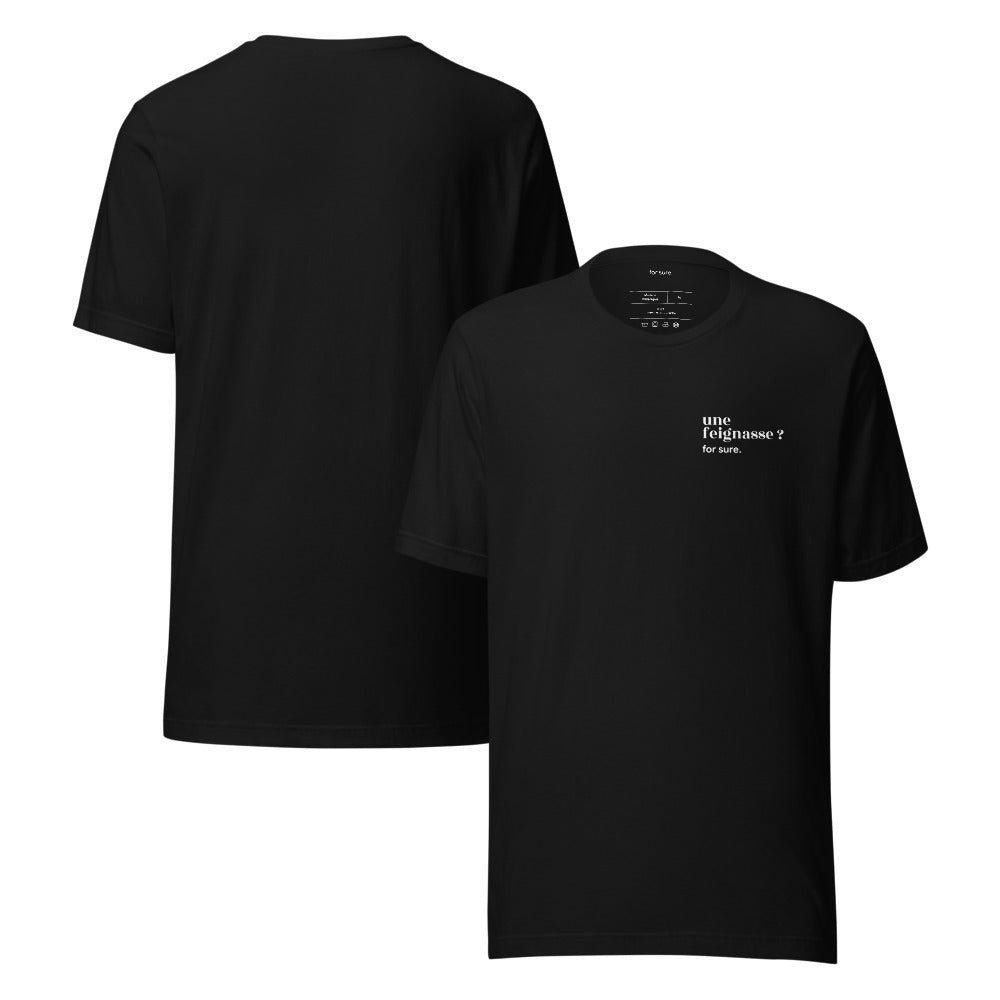 T-shirt noir « une feignasse ? for sure. », face et dos