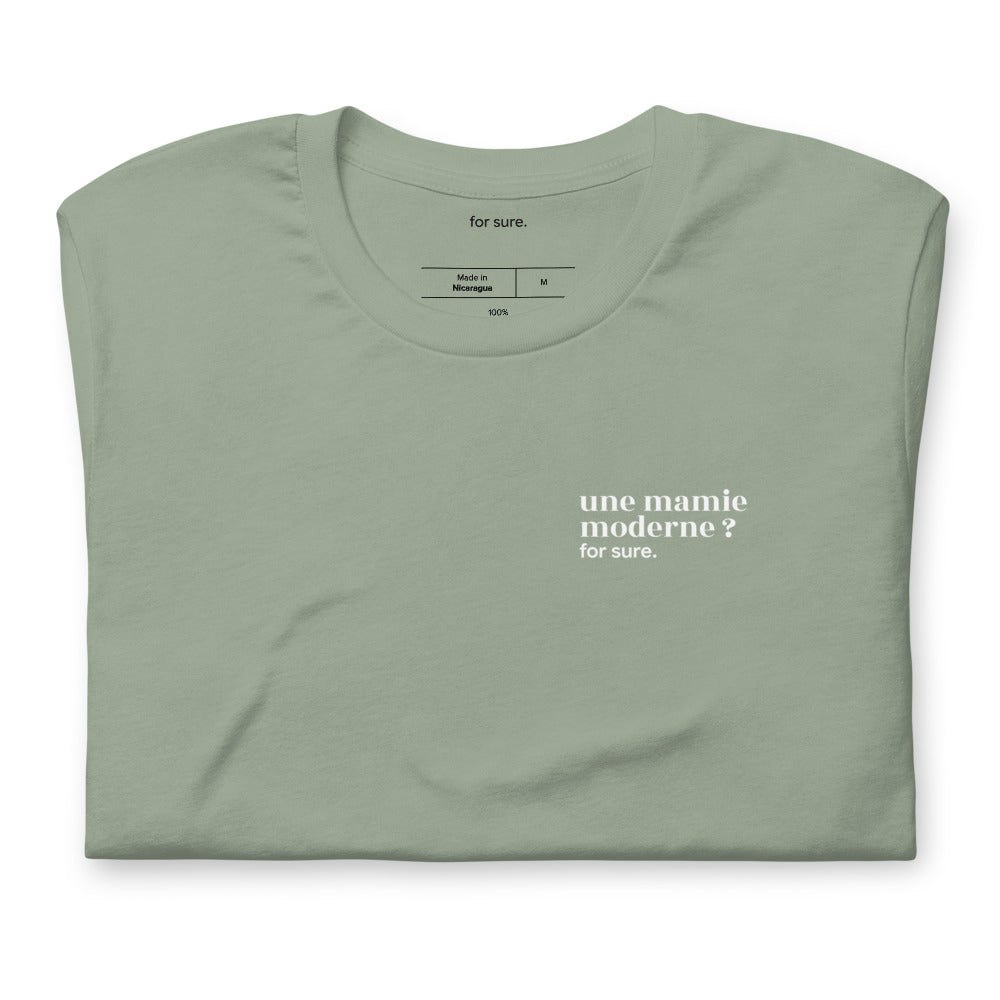T-shirt kaki « une mamie moderne ? for sure. », plié