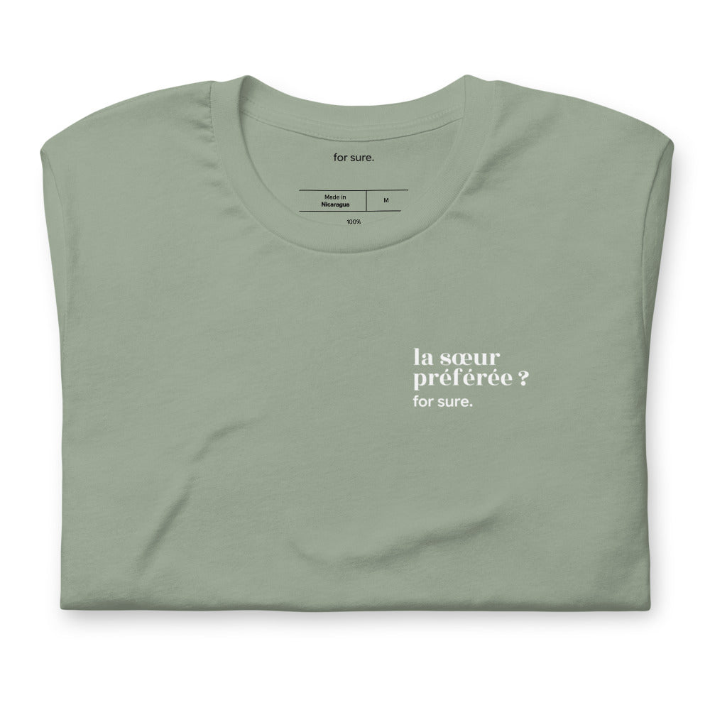 T-shirt kaki « la sœur préférée ? for sure. », plié