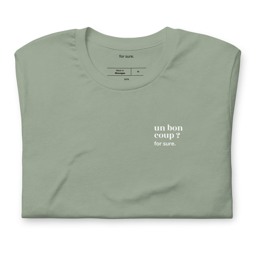 T-shirt kaki « un bon coup ? for sure. », plié