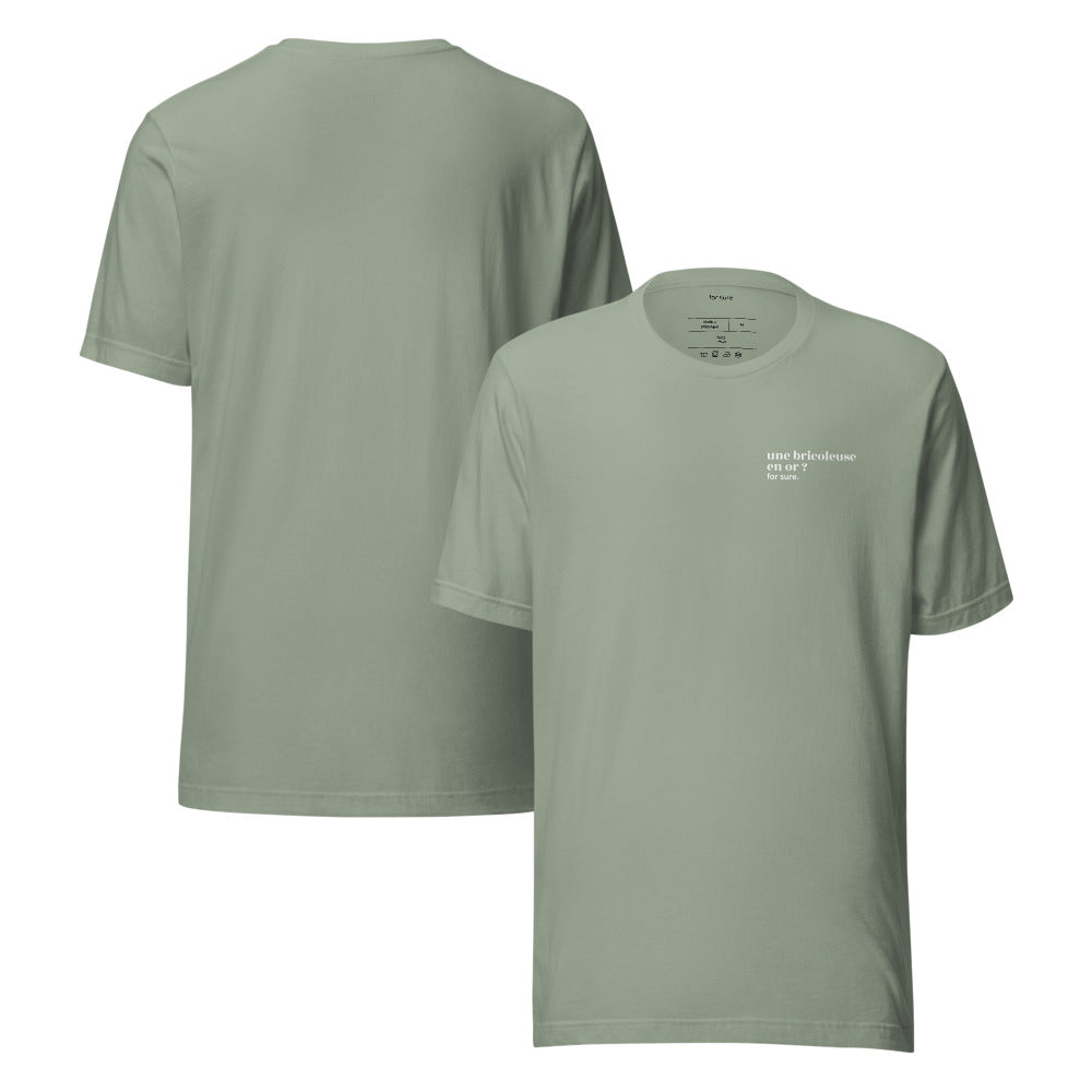 T-shirt kaki « une bricoleuse en or ? for sure. », face et dos