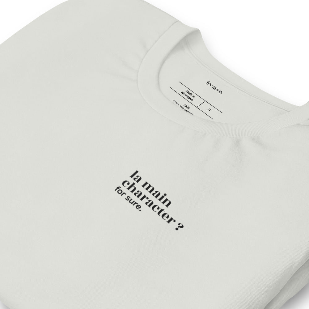 T-shirt gris « la main character ? for sure. », vue en biais